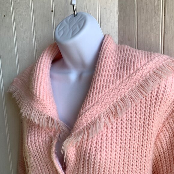 Vintage Pink Chunky Knit Ribbed Sailor Fringed Collar Cardigan Pearl Buttons - M - Picture 3 of 15